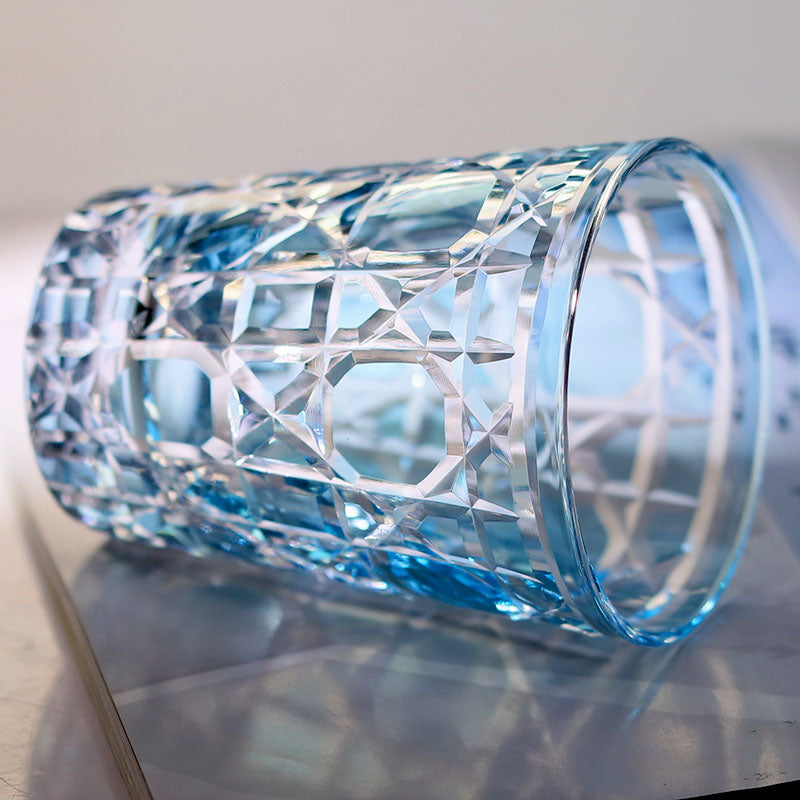 JP-045 Sky Blue Crystal Glass Water Tumbler Cocktail Whiskey Glass With Hand-engraved Cannage Design