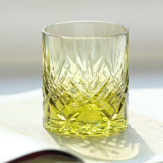 JP-128 Handcrafts Olive Green K9 Crystal Glass Whiskey Tumbler Edo Kiriko's Bamboo Leaves Design In Gift Box