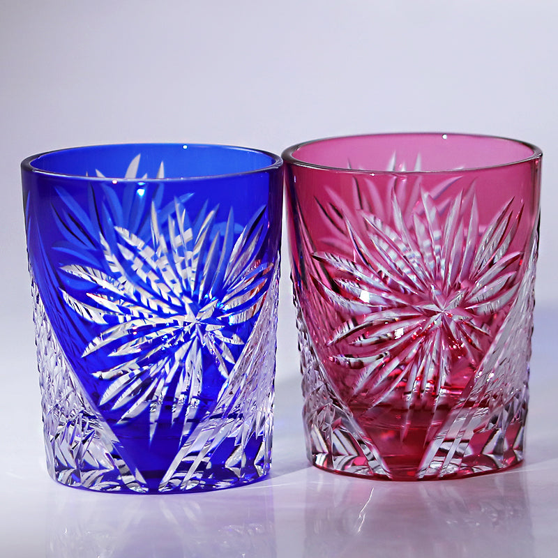 JP-124 Handcrafts Japanese Style Edo Kiriko Whiskey Glasses Gold Pink Edo Chrysanthemum Pattern