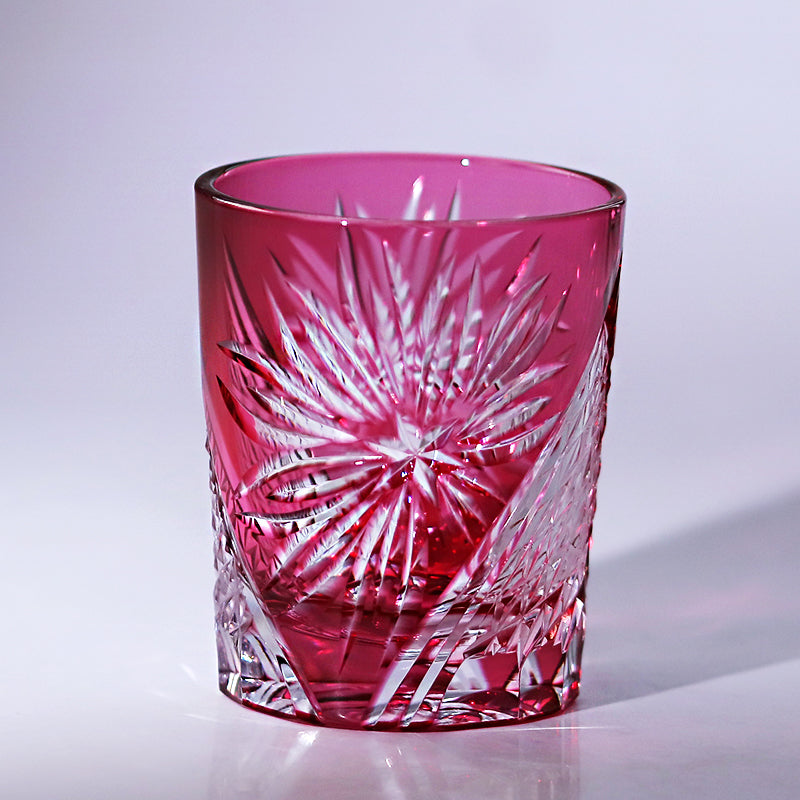 JP-124 Handcrafts Japanese Style Edo Kiriko Whiskey Glasses Gold Pink Edo Chrysanthemum Pattern