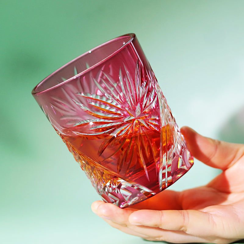 JP-124 Handcrafts Japanese Style Edo Kiriko Whiskey Glasses Gold Pink Edo Chrysanthemum Pattern