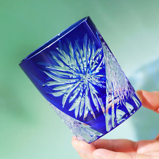 JP-156 Handmade Japanese Style Whiskey Glasses Blue Edo Kiriko Edo Chrysanthemum Pattern