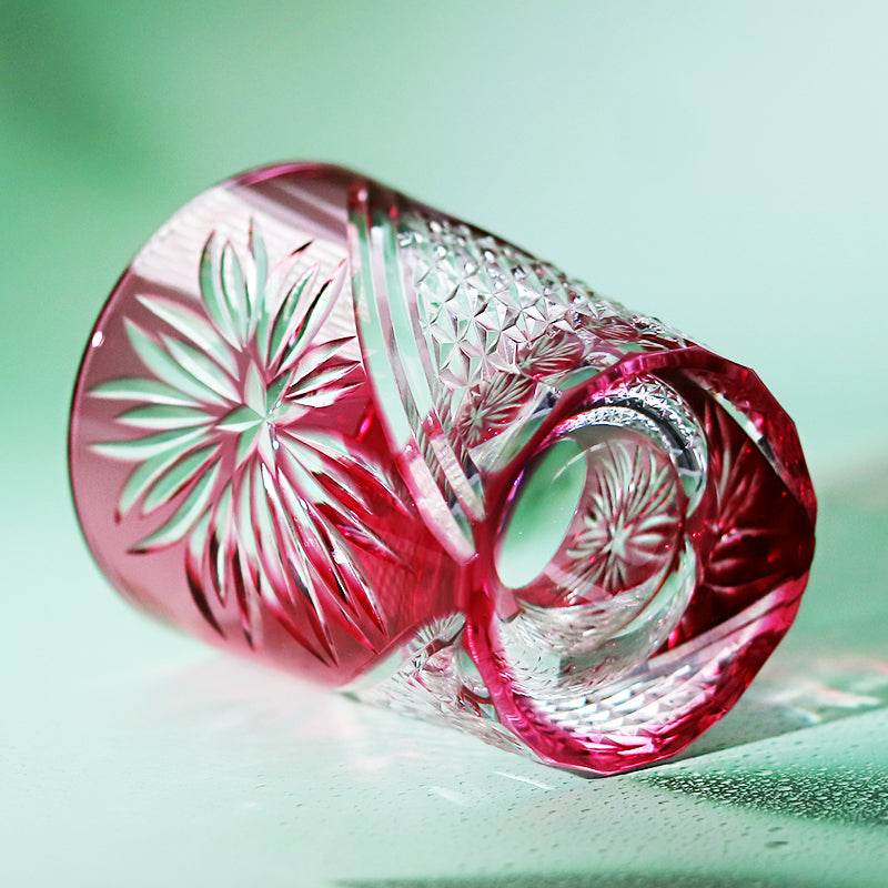 JP-124 Handcrafts Japanese Style Edo Kiriko Whiskey Glasses Gold Pink Edo Chrysanthemum Pattern