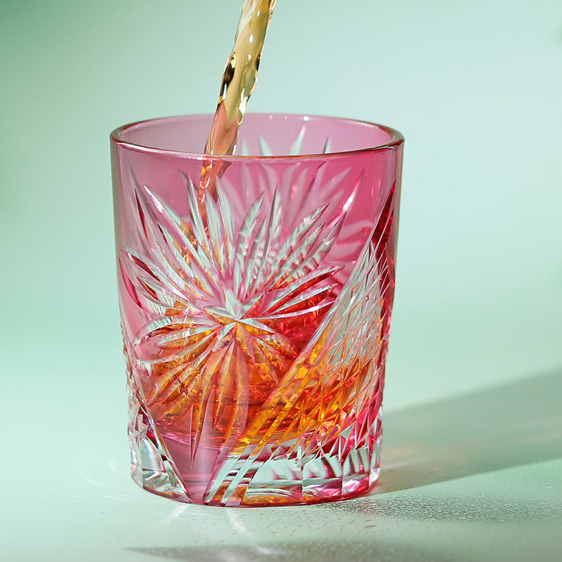 JP-124 Handcrafts Japanese Style Edo Kiriko Whiskey Glasses Gold Pink Edo Chrysanthemum Pattern