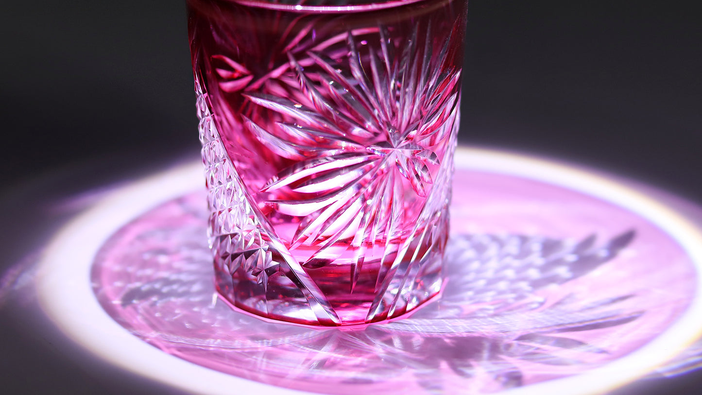 JP-156 Handcrafts Japanese Style Edo Kiriko Whiskey Glasses Gold Pink Edo Chrysanthemum Pattern