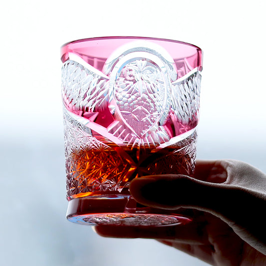 JP-154 250ml Gold Pink Japanese Style Edo Kiriko Whiskey Glasses Hand Cutting Owl and Christmas tree Design