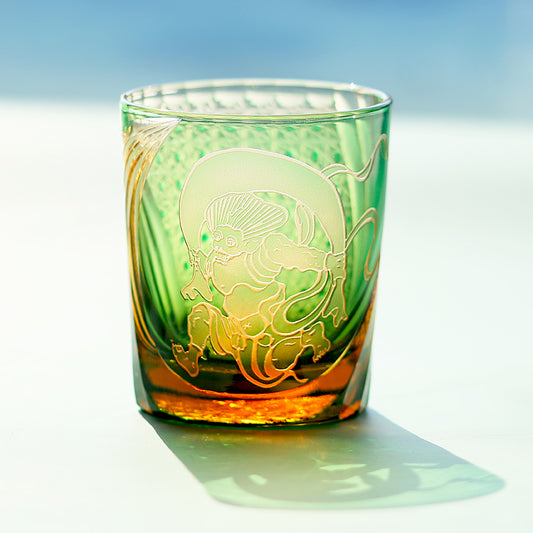 JP-157 250 ml Japanese Style Edo Kiriko Handcrafted Fujin Whisky Glass Tumbler Green Amber In Gift Box