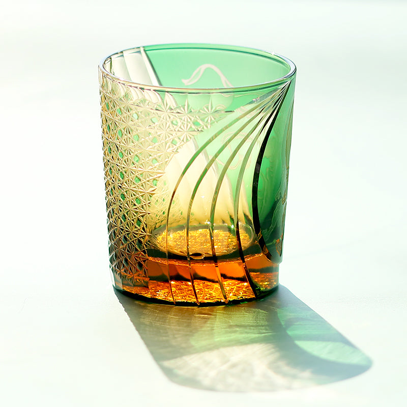 JP-157 250 ml Japanese Style Edo Kiriko Handcrafted Fujin Whisky Glass Tumbler Green Amber In Gift Box