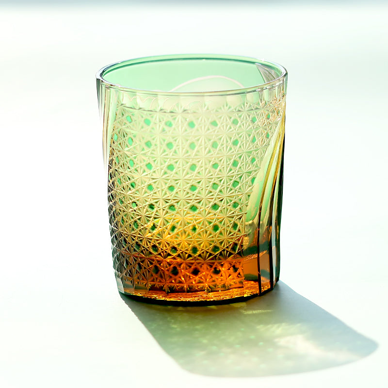 JP-157 250 ml Japanese Style Edo Kiriko Handcrafted Fujin Whisky Glass Tumbler Green Amber In Gift Box