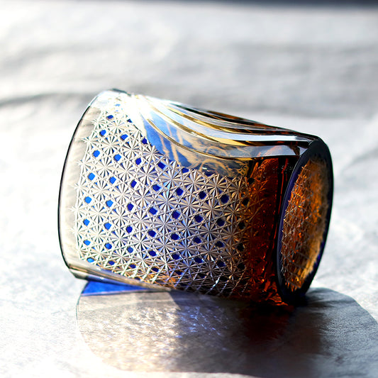 JP-157 250 ml Japanese Style Edo Kiriko Handcrafted Raijin Whisky Glass Tumbler Blue Amber In Gift Box