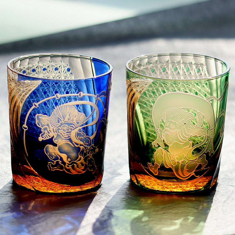 JP-157 250 ml Japanese Style Edo Kiriko Handcrafted Fujin Whisky Glass Tumbler Green Amber In Gift Box