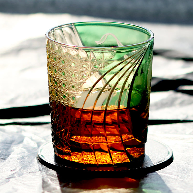 JP-157 250 ml Japanese Style Edo Kiriko Handcrafted Fujin Whisky Glass Tumbler Green Amber In Gift Box