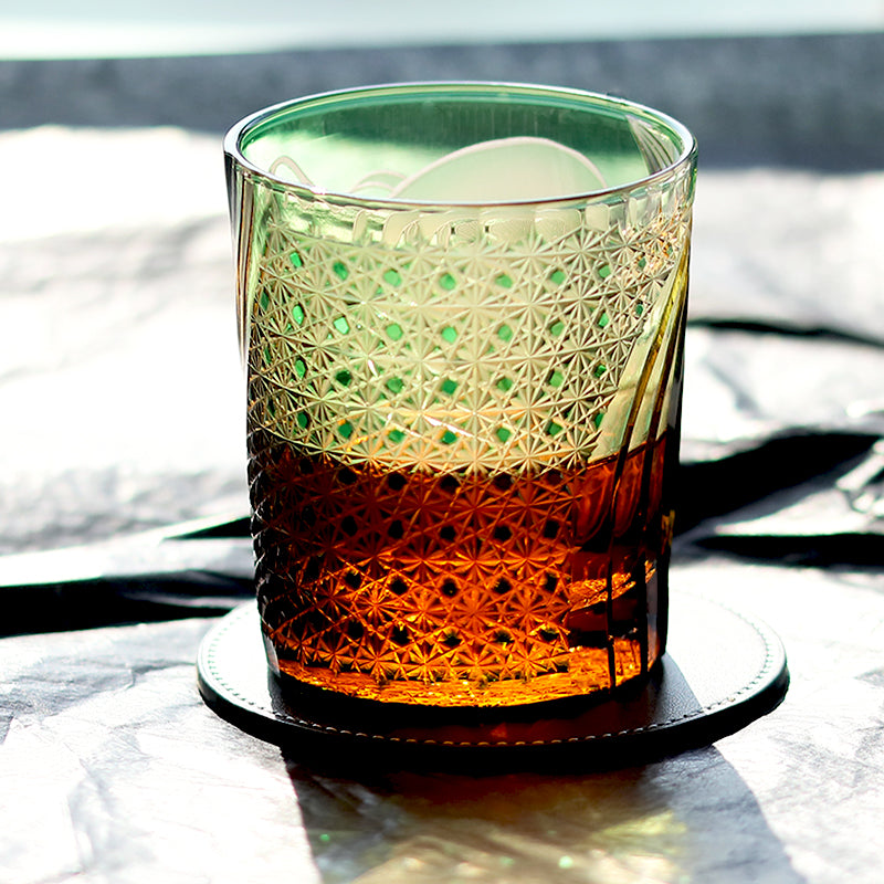 JP-157 250 ml Japanese Style Edo Kiriko Handcrafted Fujin Whisky Glass Tumbler Green Amber In Gift Box