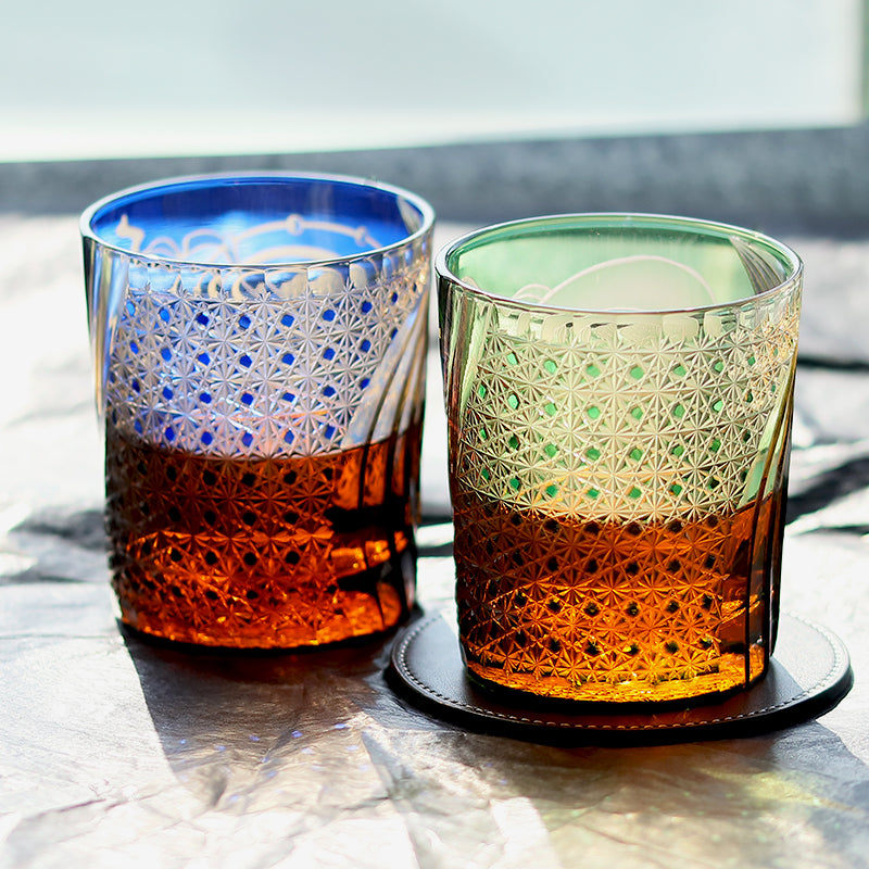 JP-157 250 ml Japanese Style Edo Kiriko Handcrafted Fujin Whisky Glass Tumbler Green Amber In Gift Box
