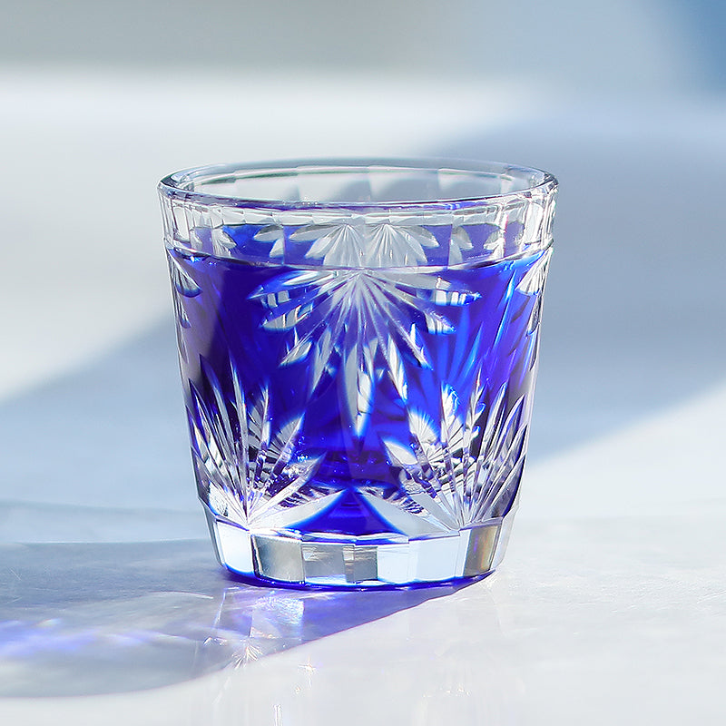 QJ-06-3 35ml Japanese Style Hand Cut Sake Glass Blue Edo Kiriko soju shot glass Bamboo for whiskey, vodka, tequila, chilled sake