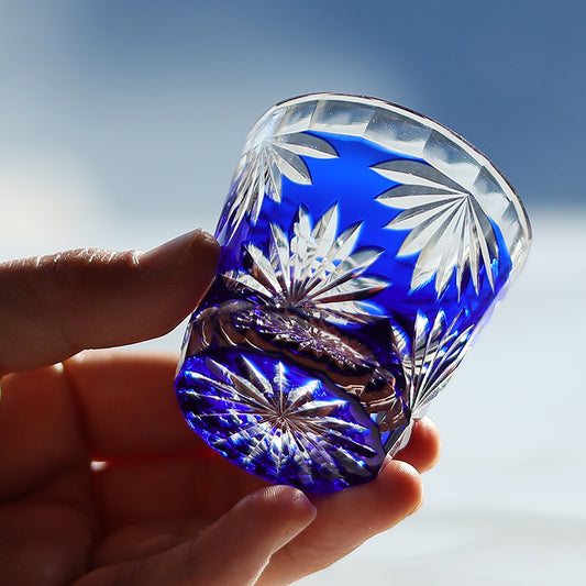 QJ-06-3 35ml Japanese Style Hand Cut Sake Glass Blue Edo Kiriko soju shot glass Bamboo for whiskey, vodka, tequila, chilled sake