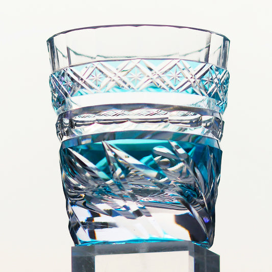 JP-018 200ml Handcrafted Japanese Style Cocktail Whisky Glasses Sky Blue With Edo Kiriko‘s DANCE OF WIND Design In Gift Box