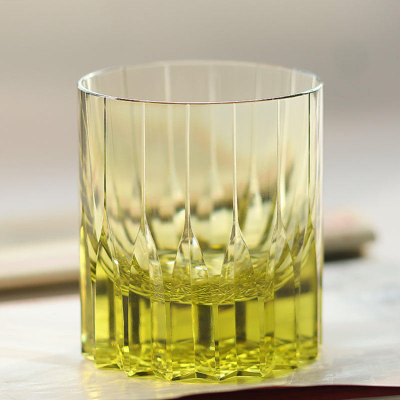 JP-091 Handcrafts Edo Kiriko‘s Olive Green K9 Crystal Whiskey Glass Engraved Orgue Bevel Patterns In Gift Box