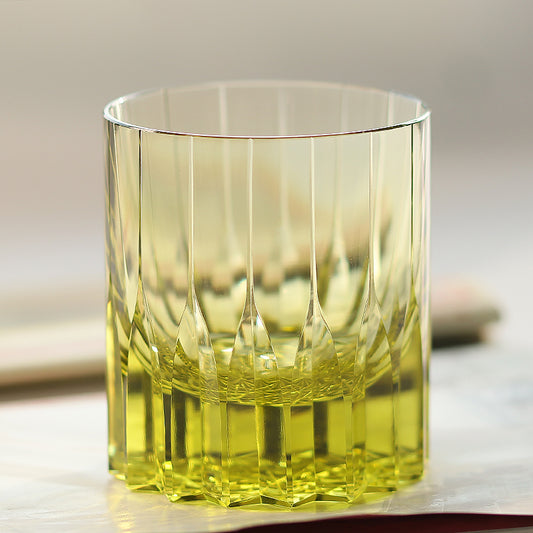 JP-091 Handcrafts Edo Kiriko‘s Olive Green K9 Crystal Whiskey Glass Engraved Orgue Bevel Patterns In Gift Box
