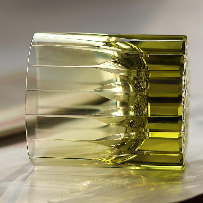 JP-091 Handcrafts Edo Kiriko‘s Olive Green K9 Crystal Whiskey Glass Engraved Orgue Bevel Patterns In Gift Box