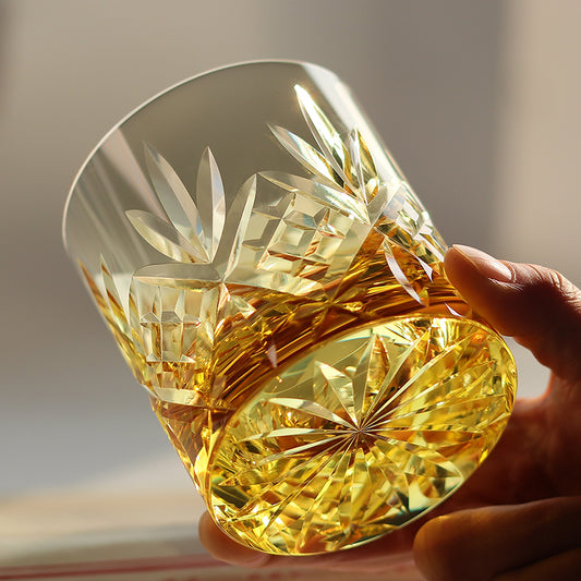 JP-128 Handcrafts Gold Yellow K9 Crystal Glass Whiskey Tumbler Heavy and Thick Bottom With Edo Kiriko's Bamboo Leaves Design In Gift Box