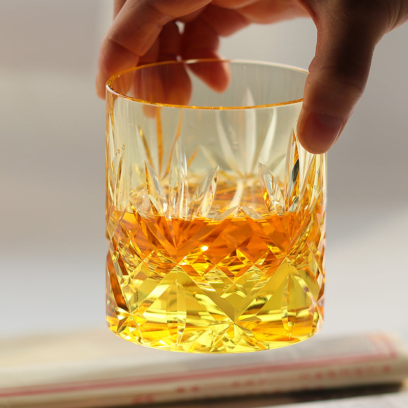 JP-128 Handcrafts Gold Yellow K9 Crystal Glass Whiskey Tumbler Heavy and Thick Bottom With Edo Kiriko's Bamboo Leaves Design In Gift Box
