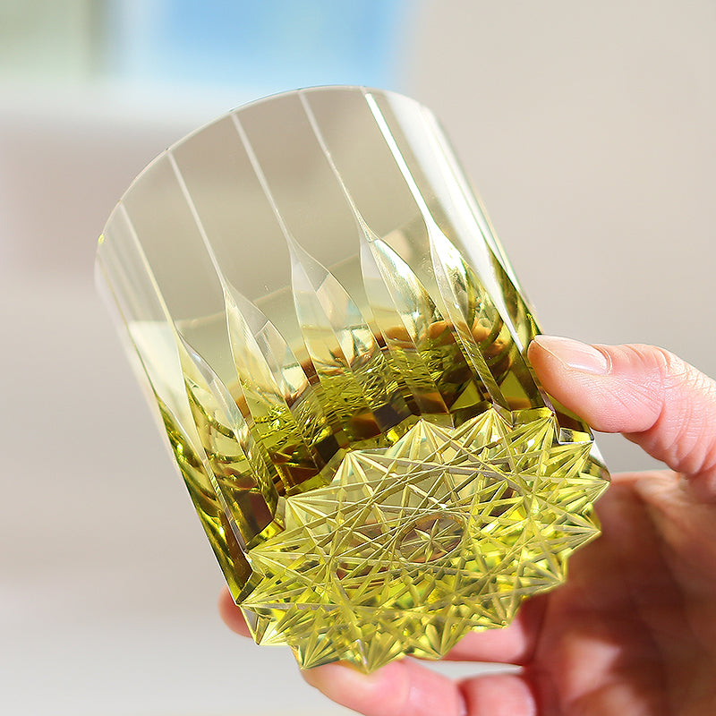 JP-091 Handcrafts Edo Kiriko‘s Olive Green K9 Crystal Whiskey Glass Engraved Orgue Bevel Patterns In Gift Box