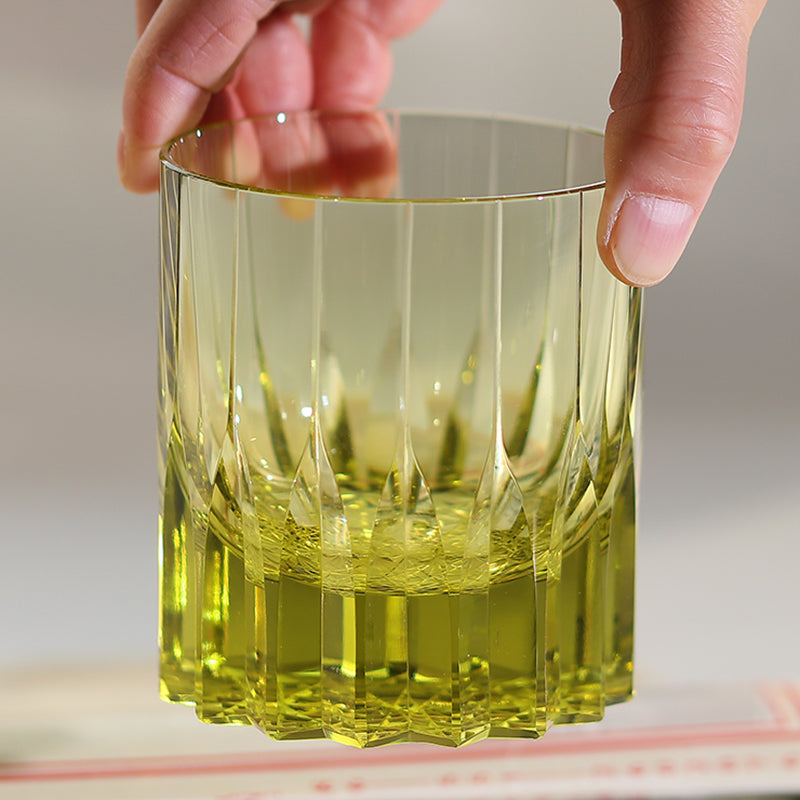 JP-091 Handcrafts Edo Kiriko‘s Olive Green K9 Crystal Whiskey Glass Engraved Orgue Bevel Patterns In Gift Box