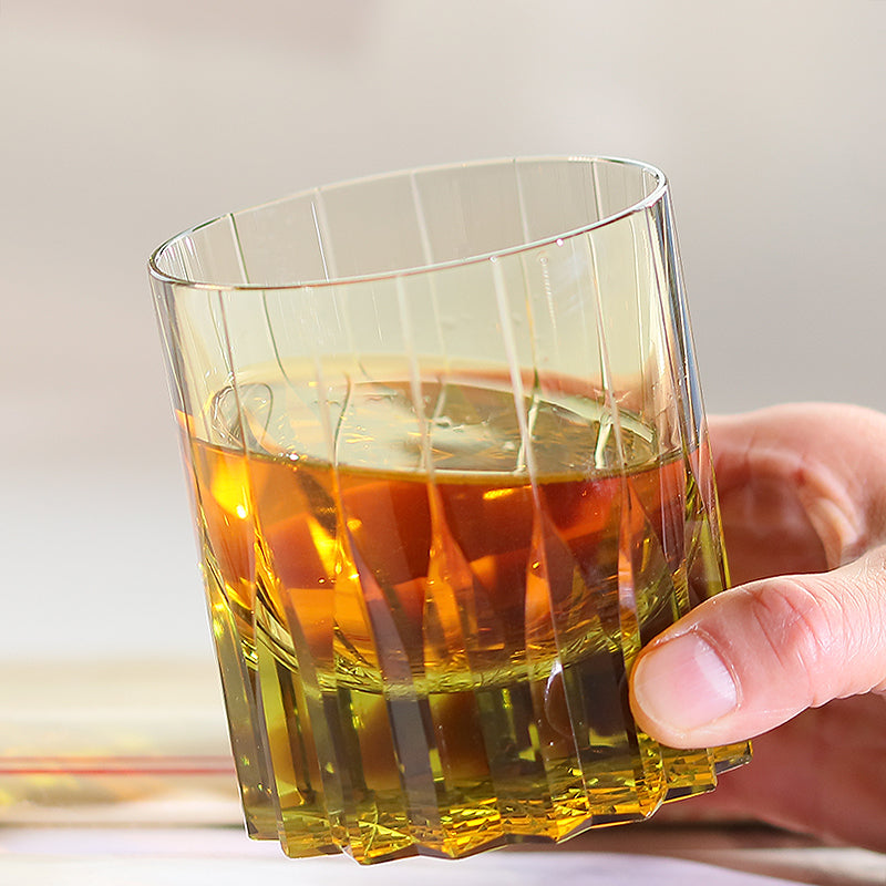 JP-091 Handcrafts Edo Kiriko‘s Olive Green K9 Crystal Whiskey Glass Engraved Orgue Bevel Patterns In Gift Box
