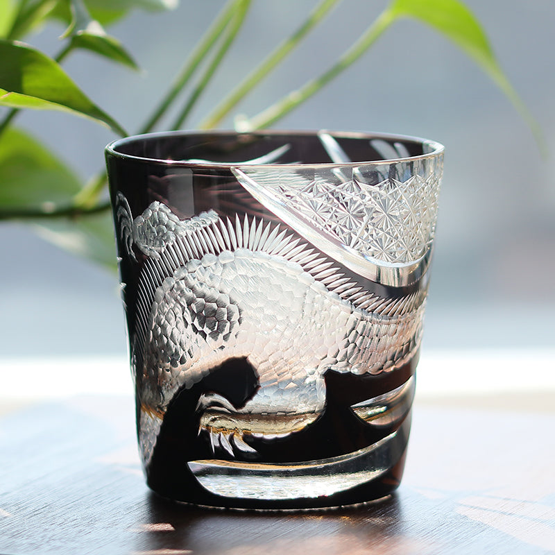 JP-134-2 Handcrafts 320mlBlackish Tinted Old Fashioned Glasses Edo Kiriko's Engraved Dragon Whiskey Glass In Gift Box