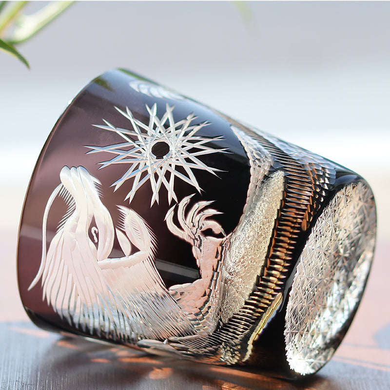 JP-134-2 Handcrafts 320mlBlackish Tinted Old Fashioned Glasses Edo Kiriko's Engraved Dragon Whiskey Glass In Gift Box