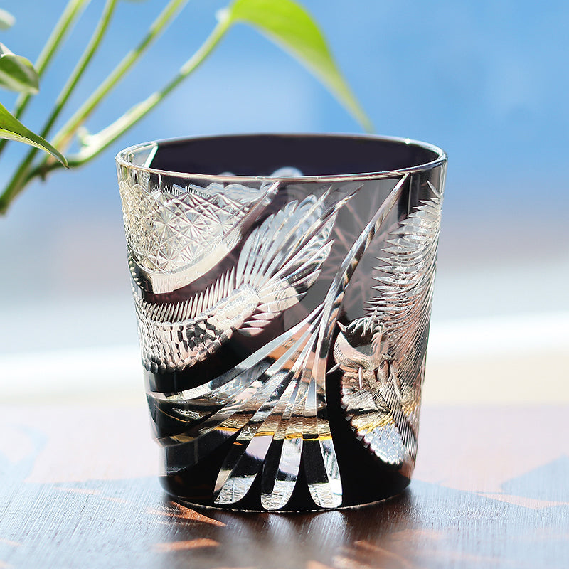 JP-134-2 Handcrafts 320mlBlackish Tinted Old Fashioned Glasses Edo Kiriko's Engraved Dragon Whiskey Glass In Gift Box