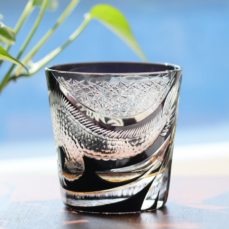 JP-134-2 Handcrafts 320mlBlackish Tinted Old Fashioned Glasses Edo Kiriko's Engraved Dragon Whiskey Glass In Gift Box