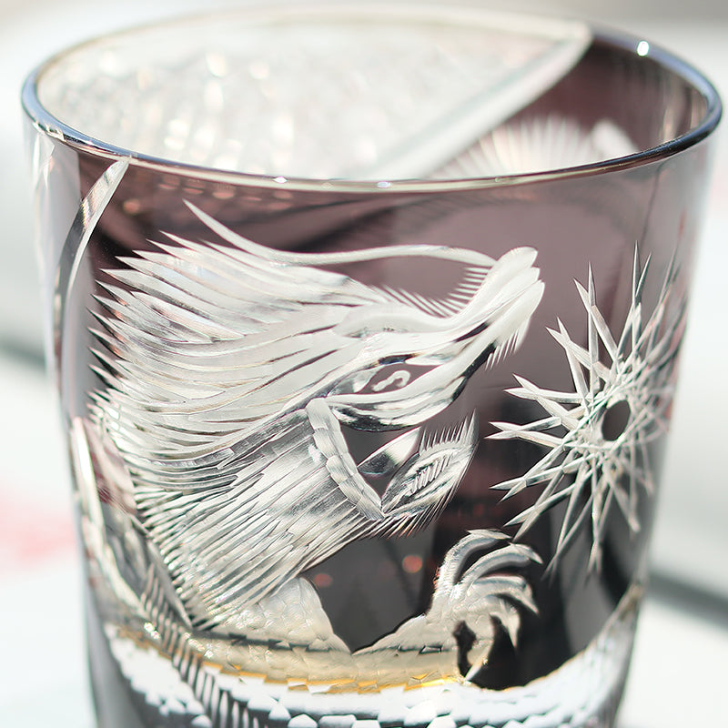 JP-134-2 Handcrafts 320mlBlackish Tinted Old Fashioned Glasses Edo Kiriko's Engraved Dragon Whiskey Glass In Gift Box