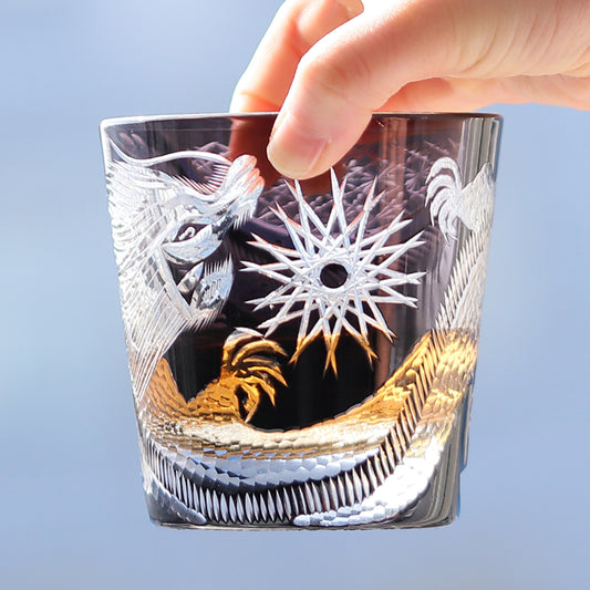 JP-134-2 Handcrafts 320mlBlackish Tinted Old Fashioned Glasses Edo Kiriko's Engraved Dragon Whiskey Glass In Gift Box