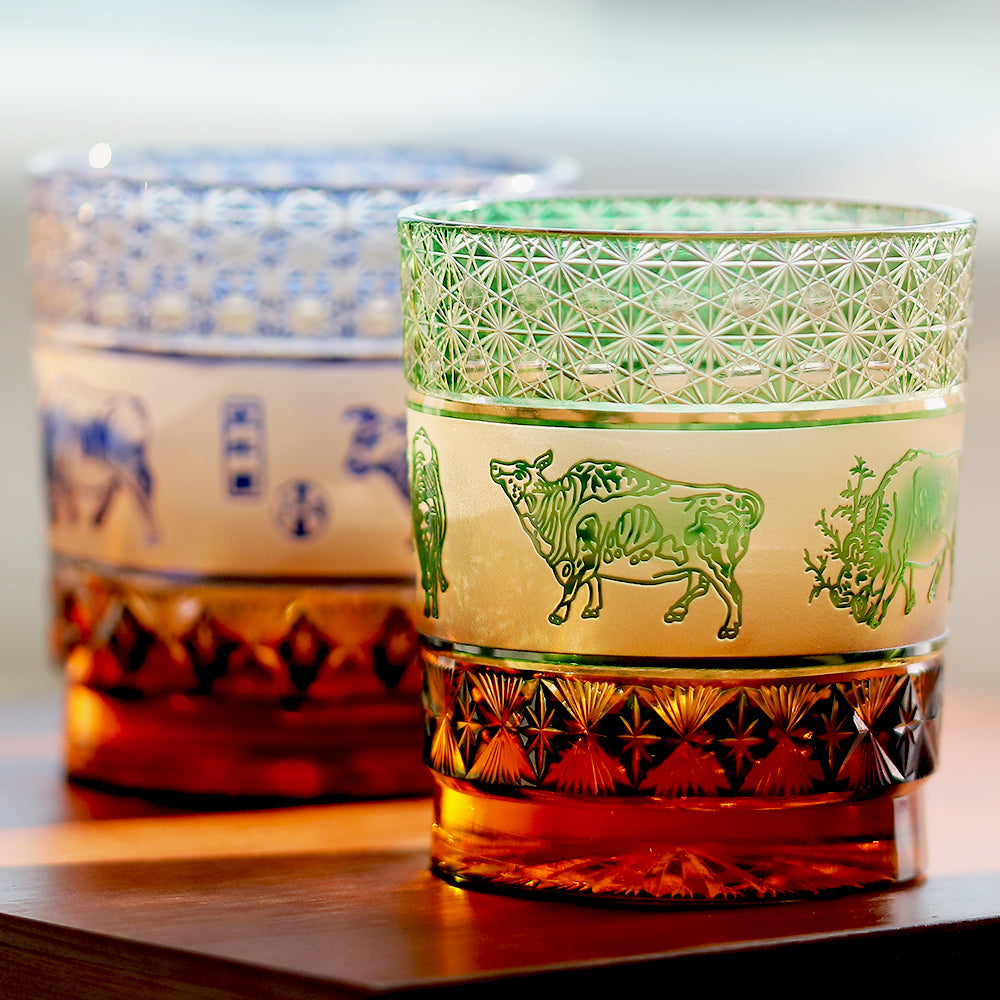 JP-023 240ml Handcrafts Green Whiskey Glass With Edo Kiriko Chinese Painting Five Cows