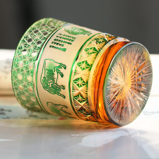 JP-023 240ml Handcrafts Green Whiskey Glass With Edo Kiriko Chinese Painting Five Cows