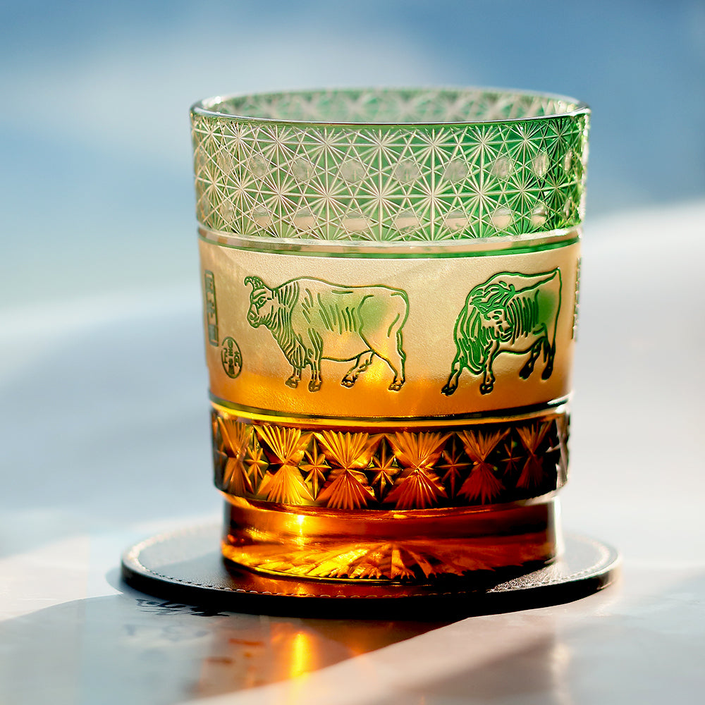 JP-023 240ml Handcrafts Green Whiskey Glass With Edo Kiriko Chinese Painting Five Cows