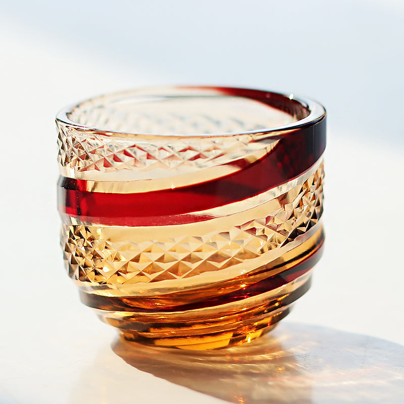 QJ-09 60 ML Red and Amber Colored Cold Sake Glass Cup Edo Kiriko's Shot Glass