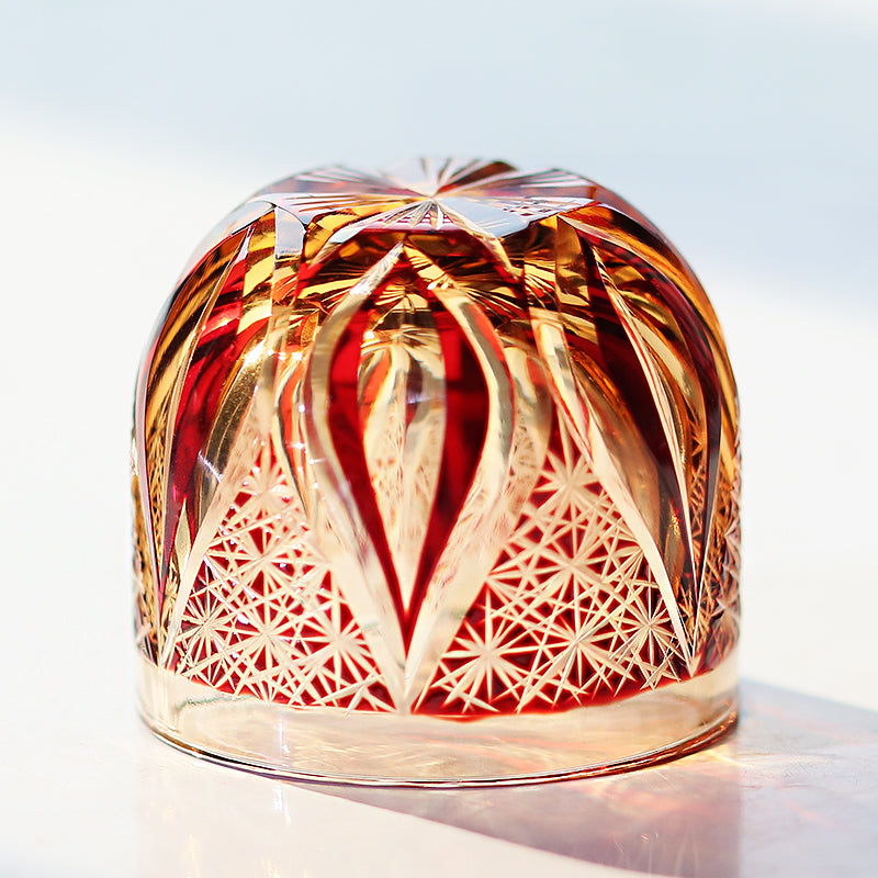 JP-020 60 ML Handcrafts Edo Kiriko's Red Amber Chilled Sake Glass Cup Small Drinking Glass Hand Carved Candle Flame Design
