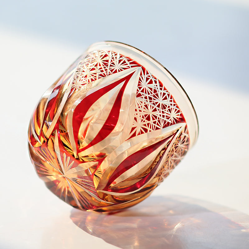 JP-020 60 ML Handcrafts Edo Kiriko's Red Amber Chilled Sake Glass Cup Small Drinking Glass Hand Carved Candle Flame Design