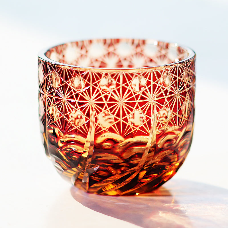 JP-040 60 ML Luxury Edo Kiriko Red Amber Sake Glass Cup,Chilled Sake Glass Hand Cut Beaded Dazzling and Roaring Waves Design