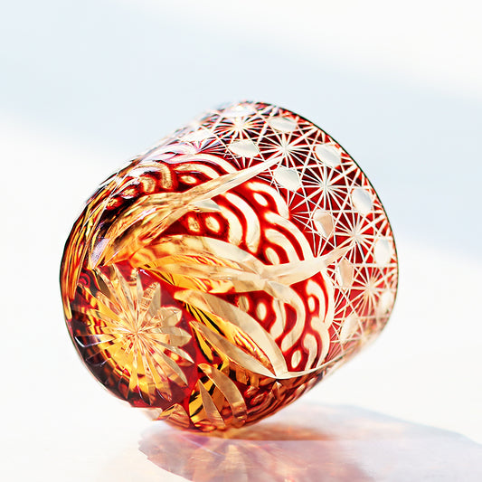 JP-040 60 ML Luxury Edo Kiriko Red Amber Sake Glass Cup,Chilled Sake Glass Hand Cut Beaded Dazzling and Roaring Waves Design