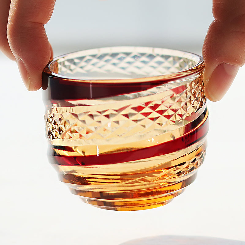 QJ-09 60 ML Red and Amber Colored Cold Sake Glass Cup Edo Kiriko's Shot Glass