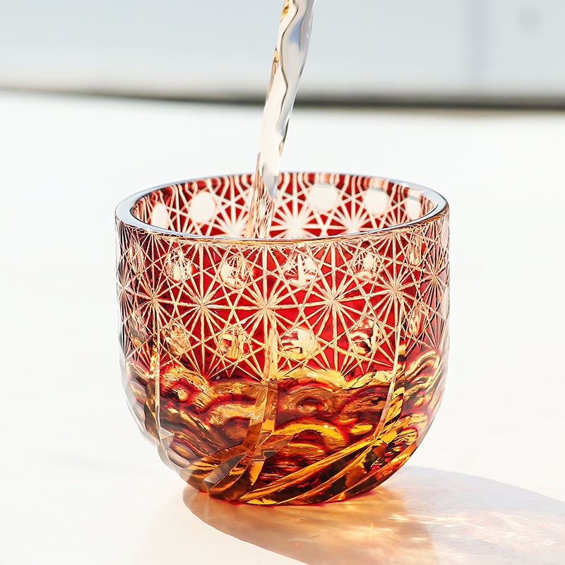 JP-040 60 ML Luxury Edo Kiriko Red Amber Sake Glass Cup,Chilled Sake Glass Hand Cut Beaded Dazzling and Roaring Waves Design