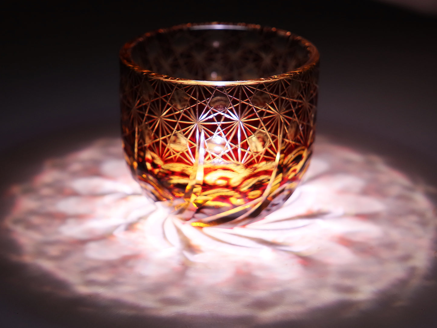 JP-040 60 ML Luxury Edo Kiriko Red Amber Sake Glass Cup,Chilled Sake Glass Hand Cut Beaded Dazzling and Roaring Waves Design