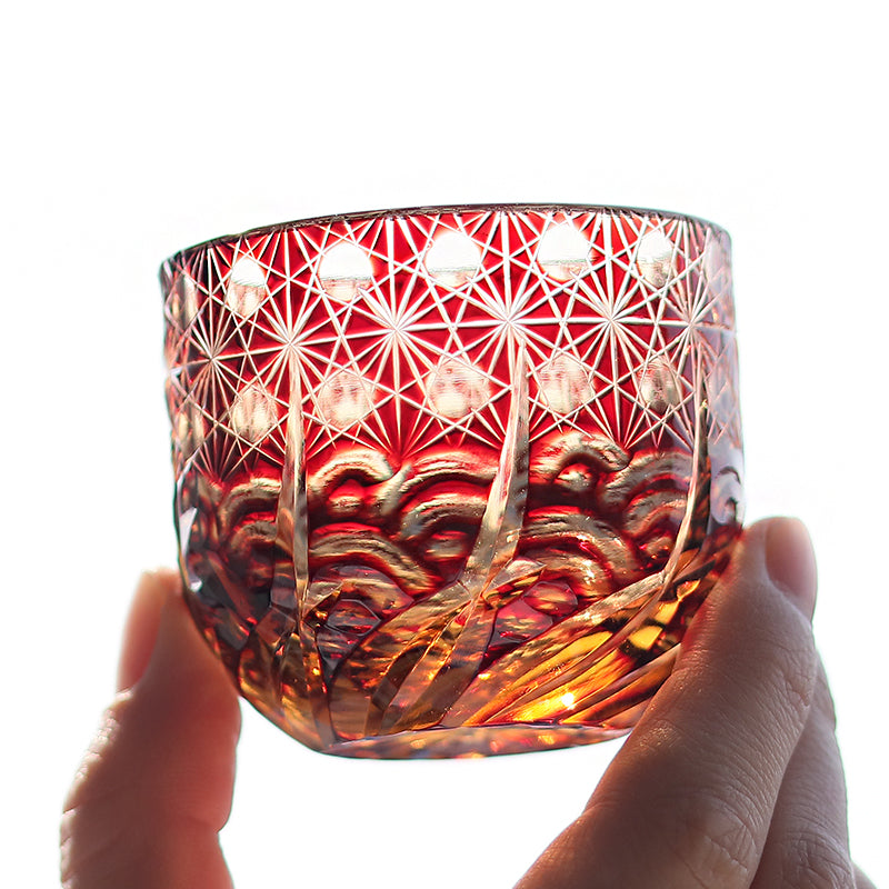 JP-040 60 ML Luxury Edo Kiriko Red Amber Sake Glass Cup,Chilled Sake Glass Hand Cut Beaded Dazzling and Roaring Waves Design