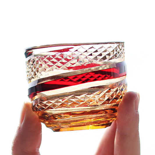 QJ-09 60 ML Red and Amber Colored Cold Sake Glass Cup Edo Kiriko's Shot Glass