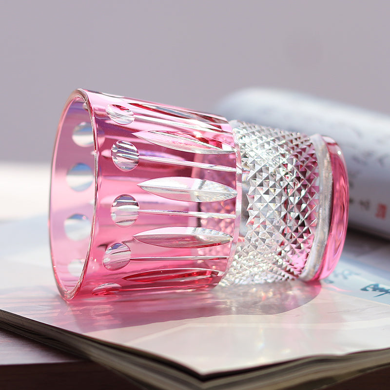 JP-095 Hand Cut And Pink Colored Crystal Glass Cocktail Whiskey Tumbler With Diamond Pearl Star-Cut For Beverage Social Drinkers