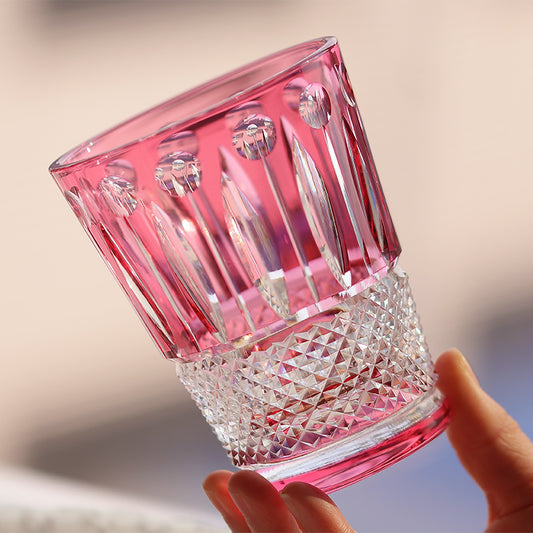 JP-095 Hand Cut And Pink Colored Crystal Glass Cocktail Whiskey Tumbler With Diamond Pearl Star-Cut For Beverage Social Drinkers